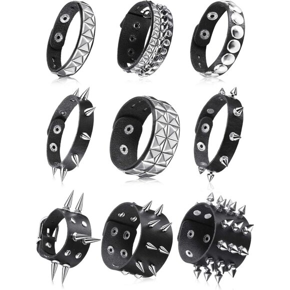 9-Piece Punk Leather Bracelet Set with Rivets and Metal Studs for Men Women - Picture 1 of 6